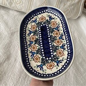 Polish Pottery Oval Serving Dish Flowers & Leaves